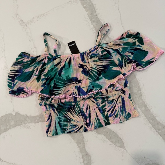 Torrid NWT Crinkle Gauze Cold Shoulder Top Womens 1 Pink/Green Tropical Palm - Picture 1 of 9